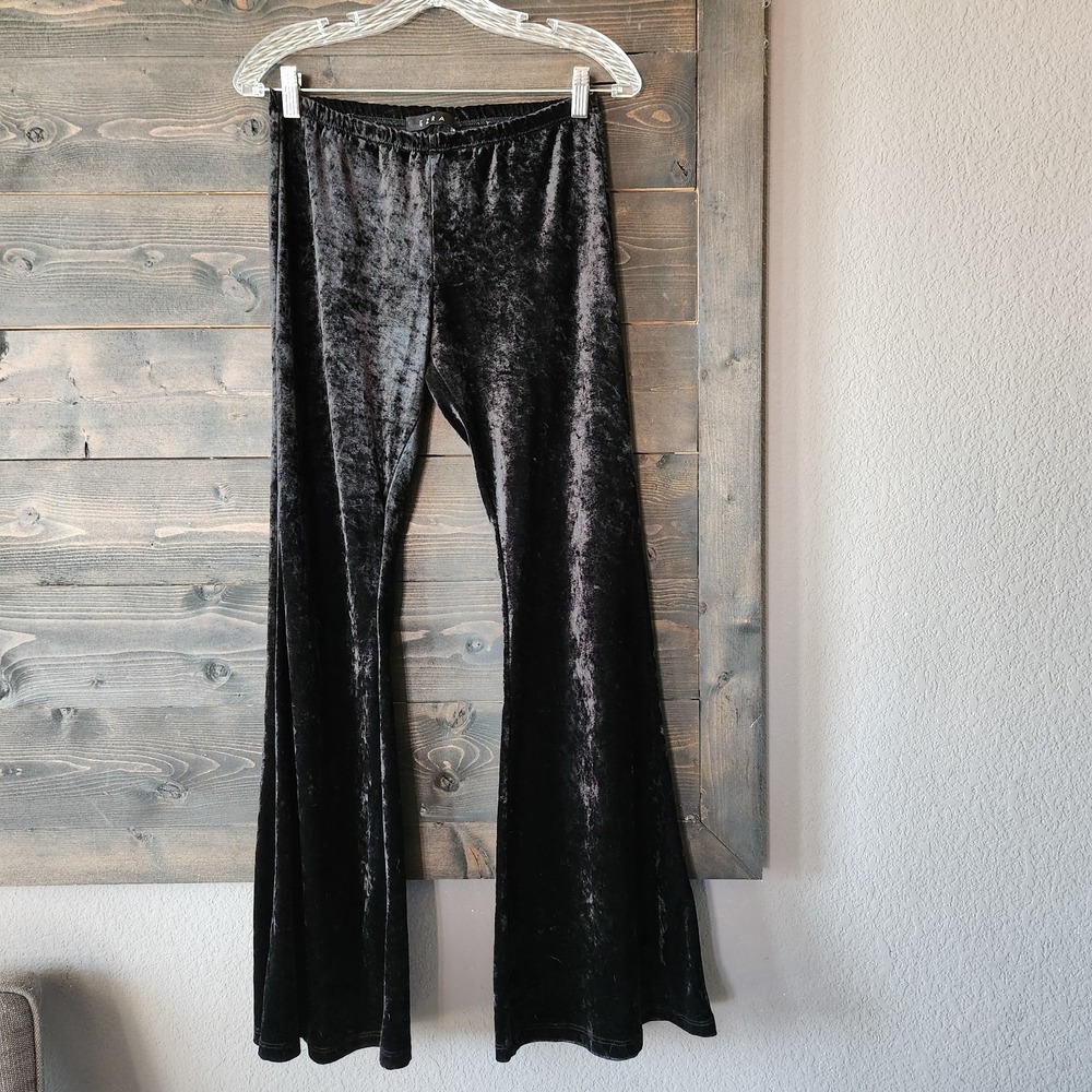 Whimsigoth Black Velvet High Waisted Flare Pull On Pants Women's S Hippie Goth - Picture 10 of 10